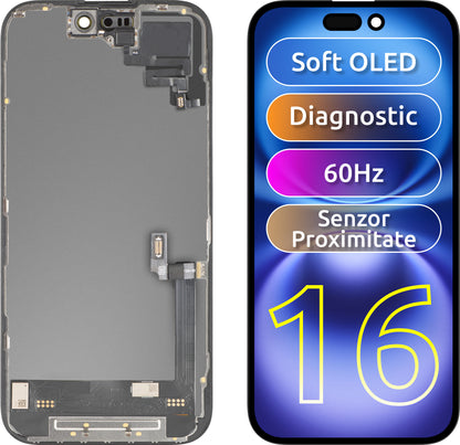 Zaslon s dodirnim zaslonom i senzorom blizine MP kompatibilan s Apple iPhone 16, s okvirom, Soft OLED FHD dijagnostička verzija, crna