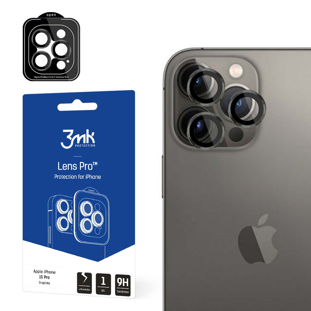 Zaštitna folija za stražnju kameru 3MK za Apple iPhone 15 Pro, Kaljeno staklo, Crna