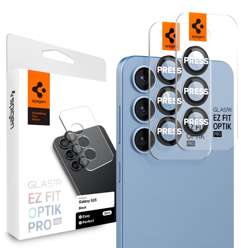 Zaštitna folija za stražnju kameru Spigen GlastR EZ FIT Optik Pro HD za Samsung Galaxy S25 S931, Kaljeno staklo, Set od 2 komada, Crna AGL09092