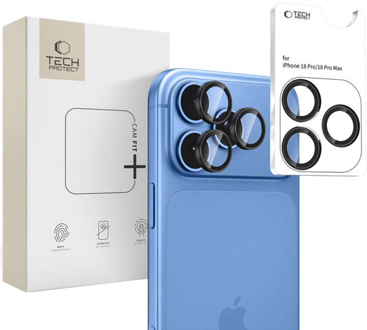 Stražnja zaštitna folija za kameru Tech-Protect CamRing Fit+ za Apple iPhone 18 Pro / 18 Pro Max, Kaljeno staklo, Crna