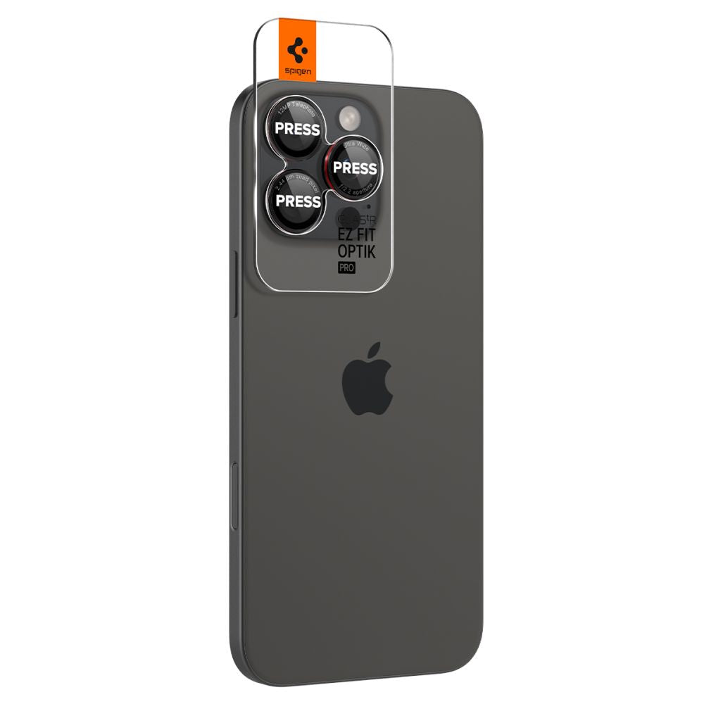 Zaštitna folija za stražnju kameru Spigen EZ FIT za Apple iPhone 16 Pro Max / 16 Pro / 15 Pro Max, Kaljeno staklo, Set od 2 komada, Crna AGL05217