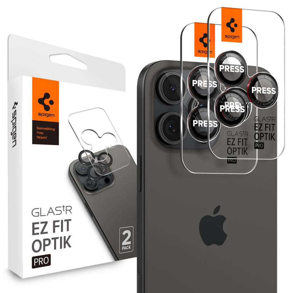 Zaštitna folija za stražnju kameru Spigen EZ FIT za Apple iPhone 16 Pro Max / 16 Pro / 15 Pro Max, Kaljeno staklo, Set od 2 komada, Crna AGL05217