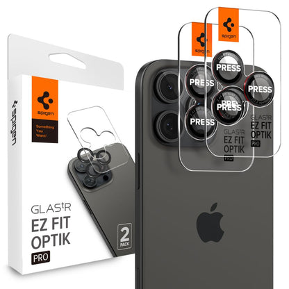 Zaštitna folija za stražnju kameru Spigen EZ FIT za Apple iPhone 16 Pro Max / 16 Pro / 15 Pro Max, Kaljeno staklo, Set od 2 komada, Crna AGL05217