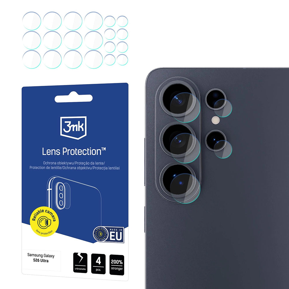 Zaštitna folija za stražnju kameru 3MK Protection za Samsung Galaxy S26 Ultra S948, Kaljeno staklo, Set od 4 komada, Prozirna