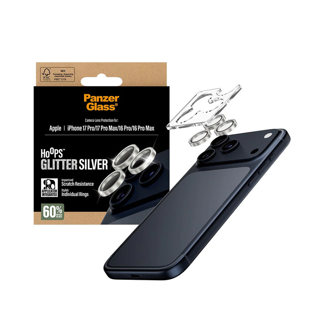 Zaštitna folija za stražnju kameru PanzerGlass Hoops Glitter za Apple iPhone 17 Pro Max / 17 Pro / 16 Pro Max / 16 Pro, Kaljeno staklo, Srebrna