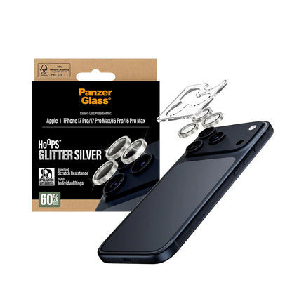 Zaštitna folija za stražnju kameru PanzerGlass Hoops Glitter za Apple iPhone 17 Pro Max / 17 Pro / 16 Pro Max / 16 Pro, Kaljeno staklo, Srebrna