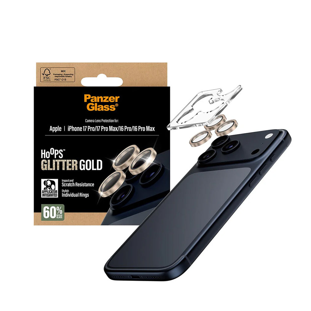Zaštitna folija za stražnju kameru PanzerGlass Hoops Glitter za Apple iPhone 17 Pro Max / 17 Pro / 16 Pro Max / 16 Pro, Kaljeno staklo, Zlatna