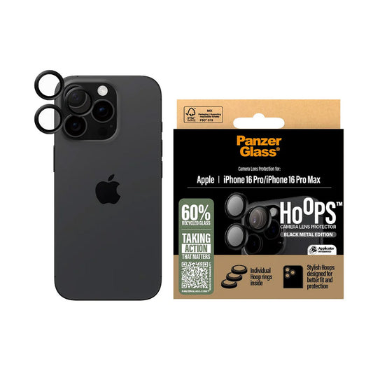 Zaštitna folija za stražnju kameru PanzerGlass Hoops za Apple iPhone 16 Pro Max / 16 Pro, Kaljeno staklo, Crna