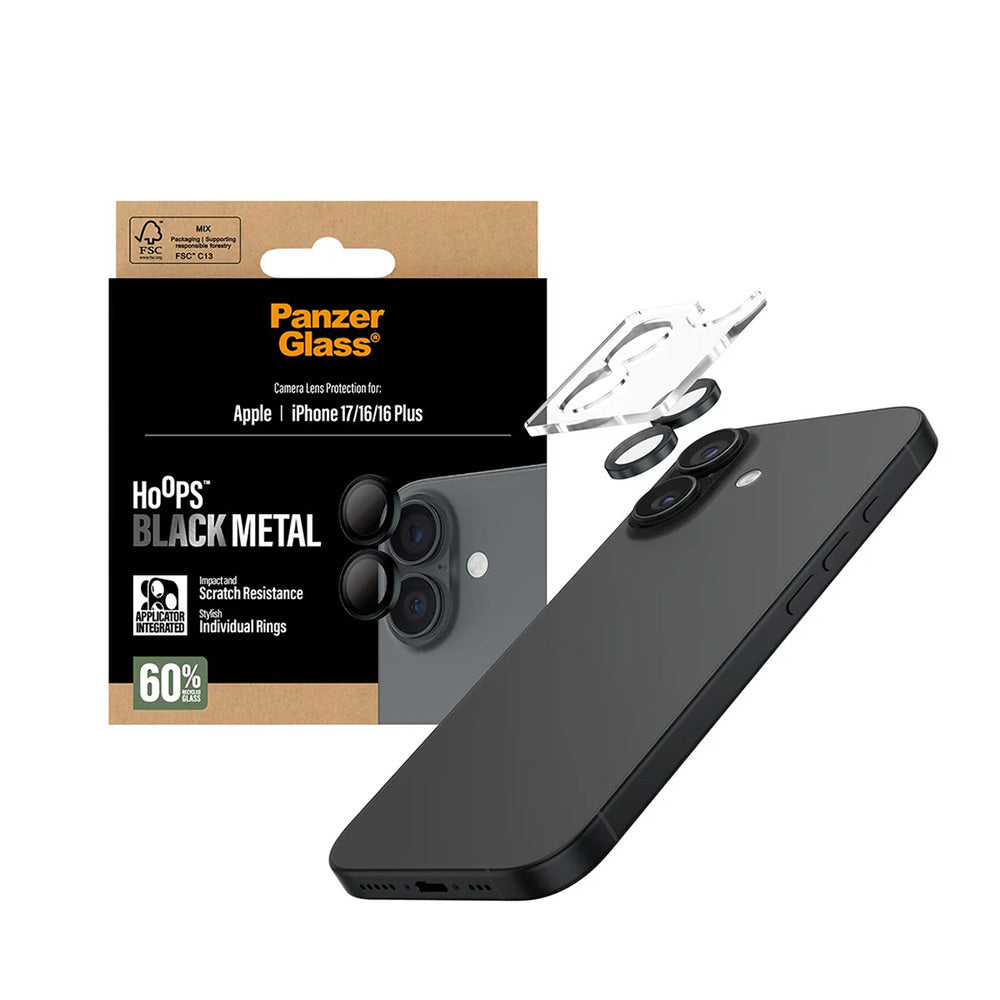 Zaštitna folija za stražnju kameru PanzerGlass Hoops za Apple iPhone 17 / 16 Plus / 16, Kaljeno staklo, Crna