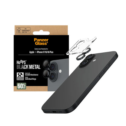 Zaštitna folija za stražnju kameru PanzerGlass Hoops za Apple iPhone 17 / 16 Plus / 16, Kaljeno staklo, Crna