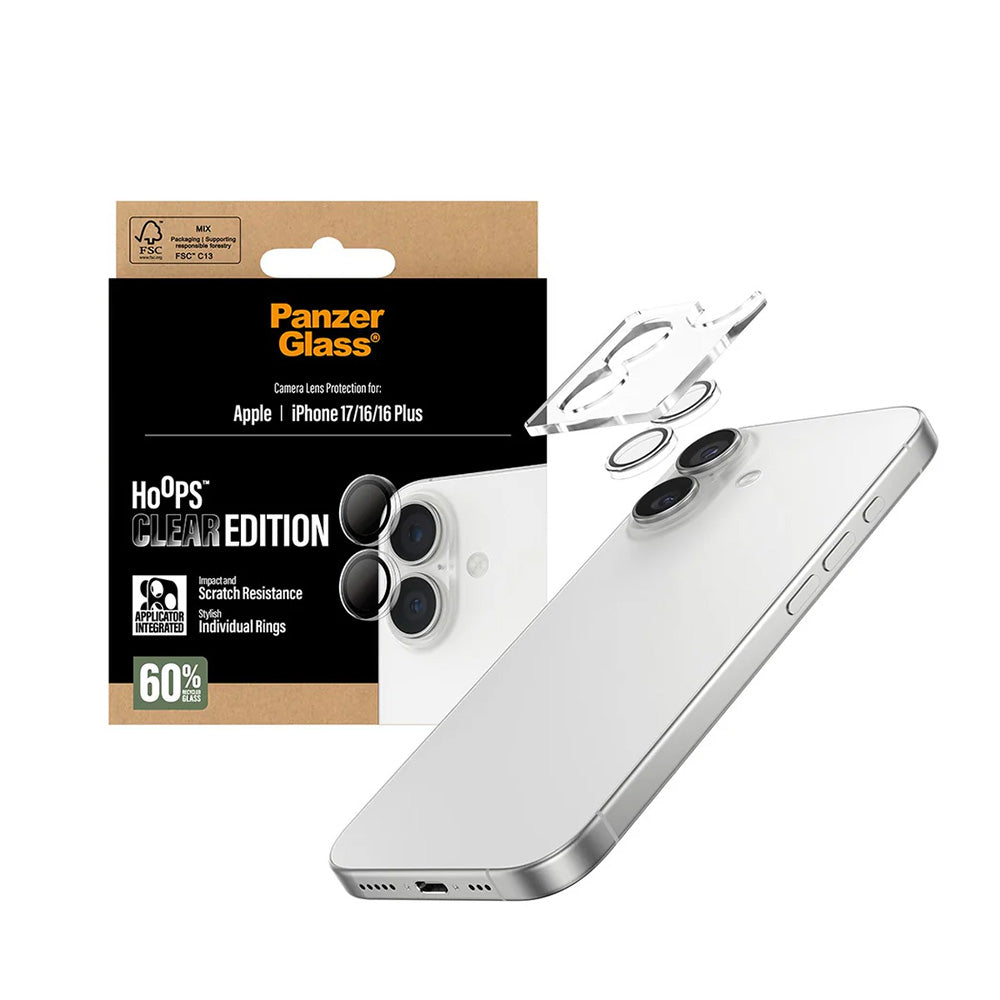 Zaštitna folija za stražnju kameru PanzerGlass Hoops za Apple iPhone 17 / 16 Plus / 16, Kaljeno staklo, Prozirno
