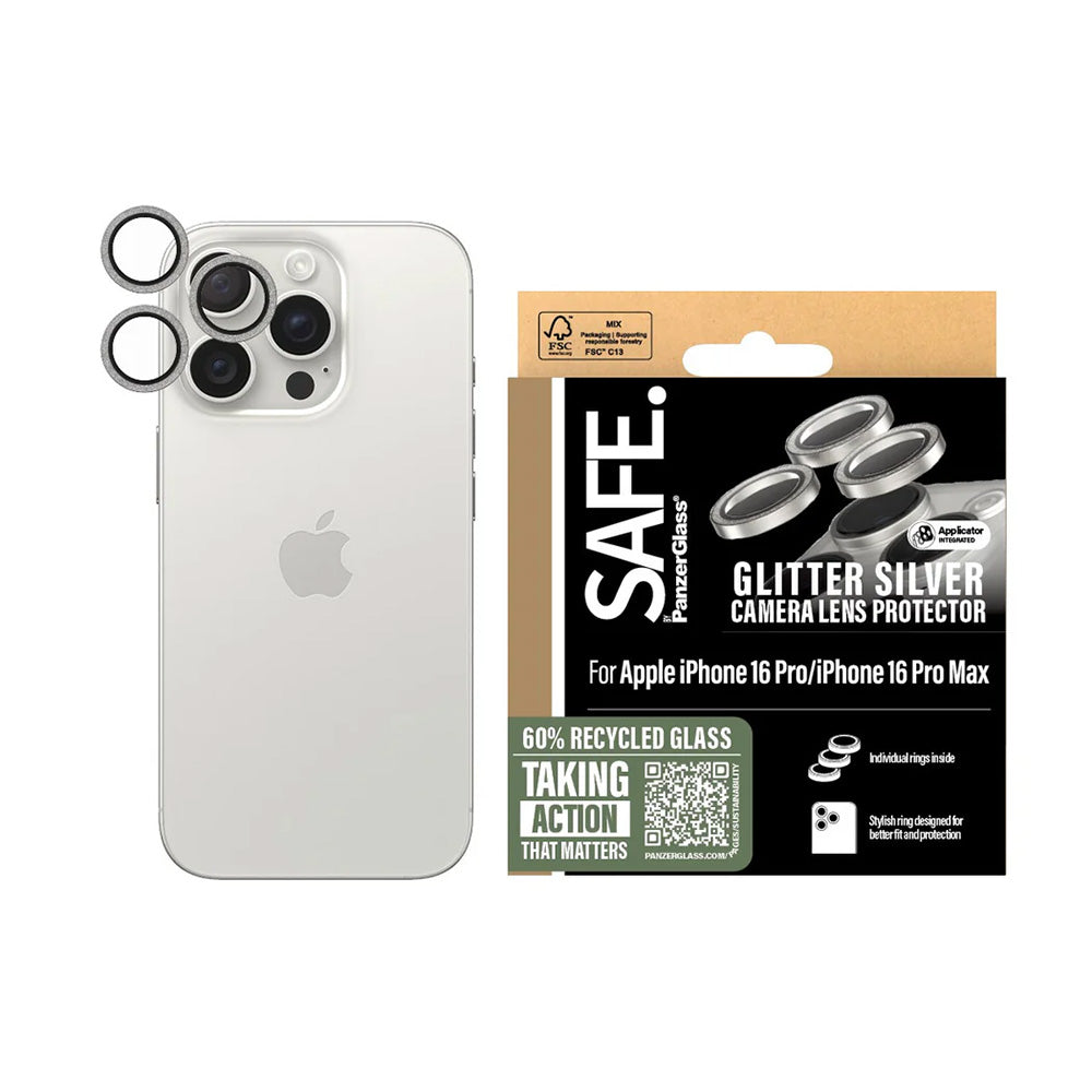 Zaštitna folija za stražnju kameru PanzerGlass Safe. Glitter za Apple iPhone 16 Pro Max / 16 Pro, Kaljeno staklo, Srebrna.