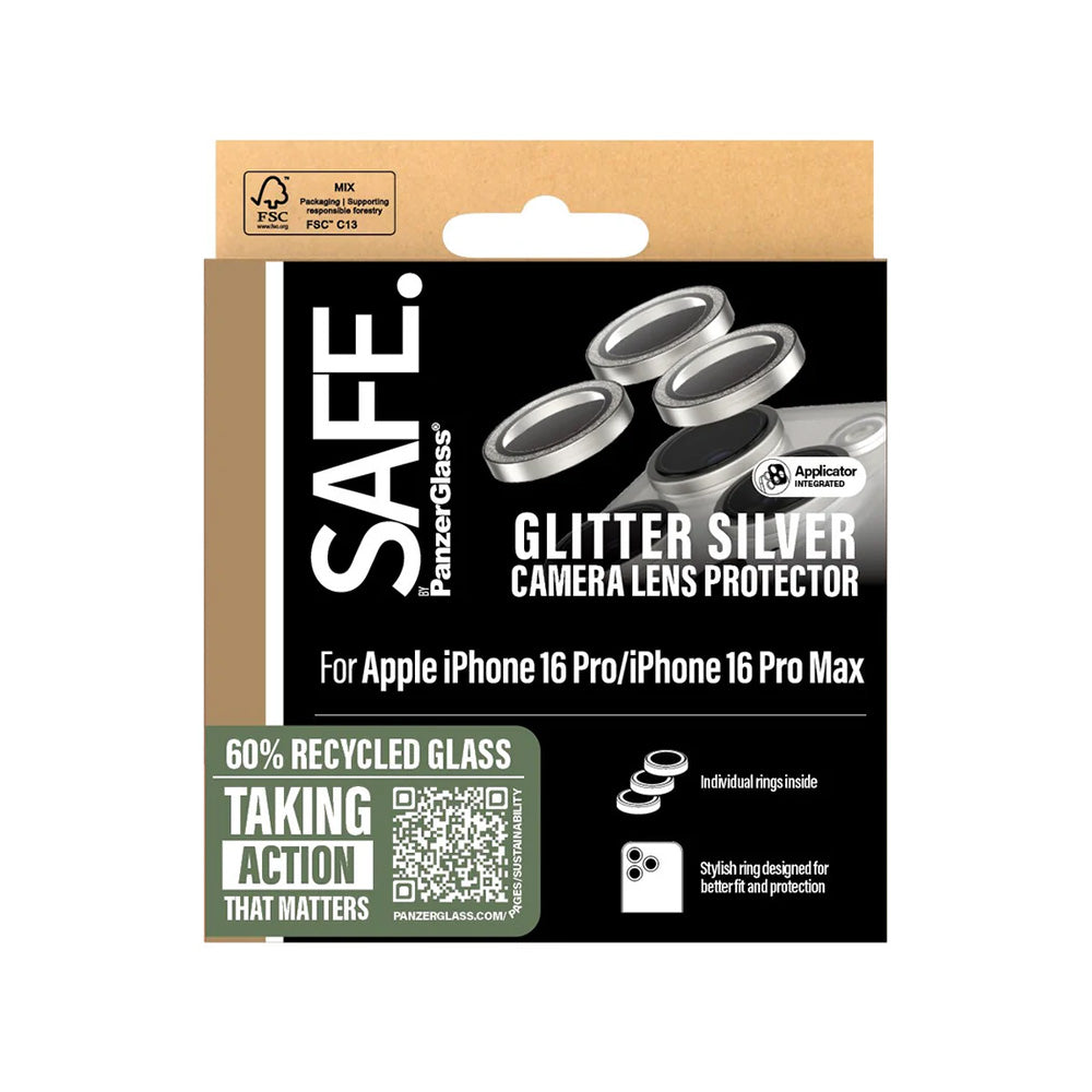 Zaštitna folija za stražnju kameru PanzerGlass Safe. Glitter za Apple iPhone 16 Pro Max / 16 Pro, Kaljeno staklo, Srebrna.
