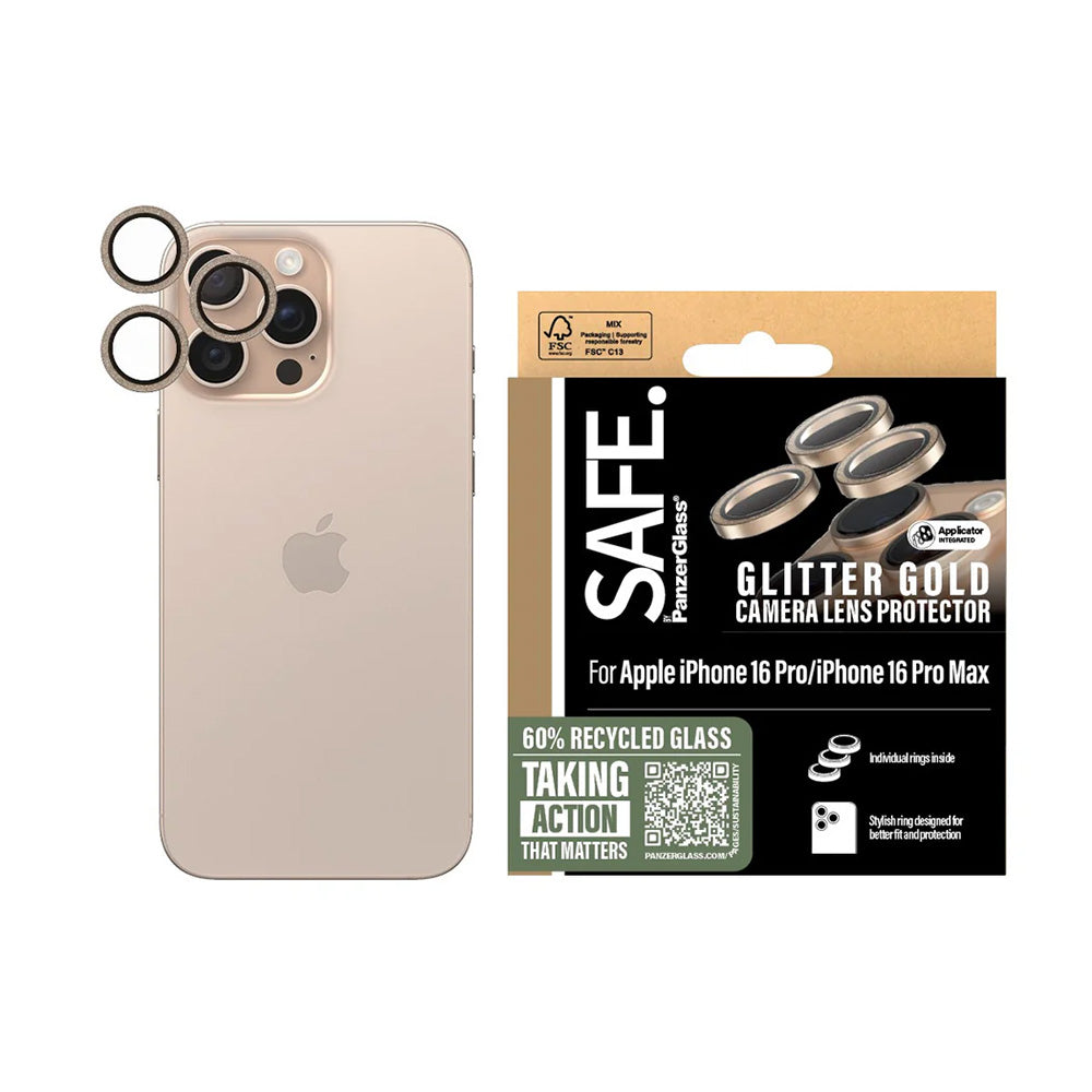 Zaštitna folija za stražnju kameru PanzerGlass Safe. Glitter za Apple iPhone 16 Pro Max / 16 Pro, Kaljeno staklo, Zlatna