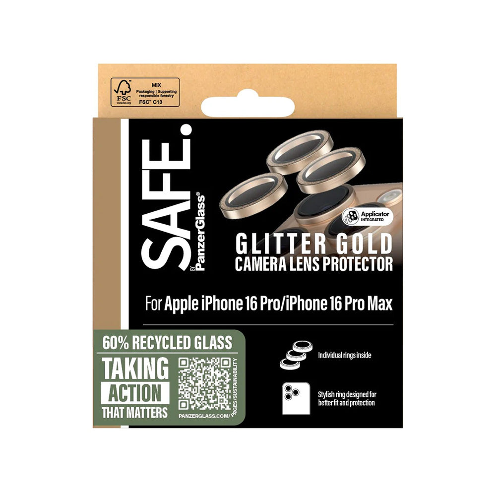 Zaštitna folija za stražnju kameru PanzerGlass Safe. Glitter za Apple iPhone 16 Pro Max / 16 Pro, Kaljeno staklo, Zlatna