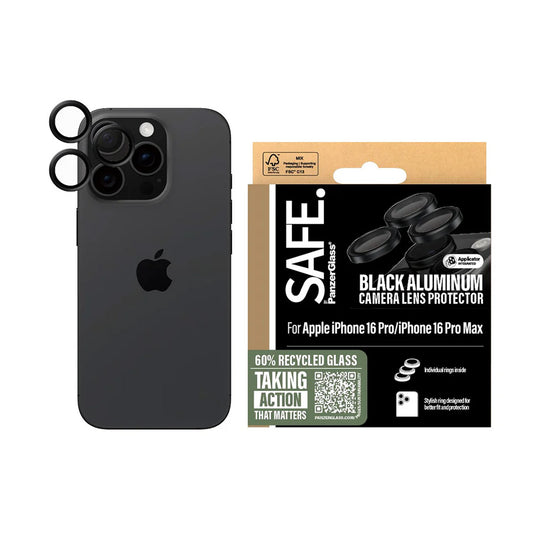 Zaštitna folija za stražnju kameru PanzerGlass Safe. za Apple iPhone 16 Pro Max / 16 Pro, Kaljeno staklo, Crna