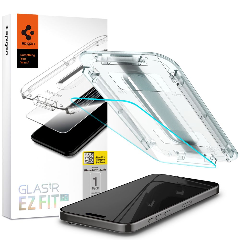 Zaštitna folija za ekran Spigen EZ FIT za Apple iPhone 15 Pro Max, Kaljeno staklo, Pun ljepilo, 2.5D AGL06878