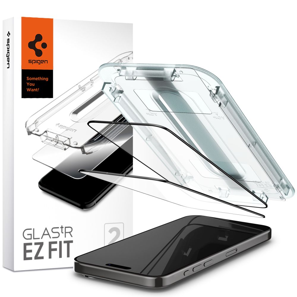 Zaštitna folija za ekran Spigen EZ FIT za Apple iPhone 15 Pro Max, Kaljeno staklo, Pun ljepilo, Set od 2 komada, 2.5D, Crna AGL06873