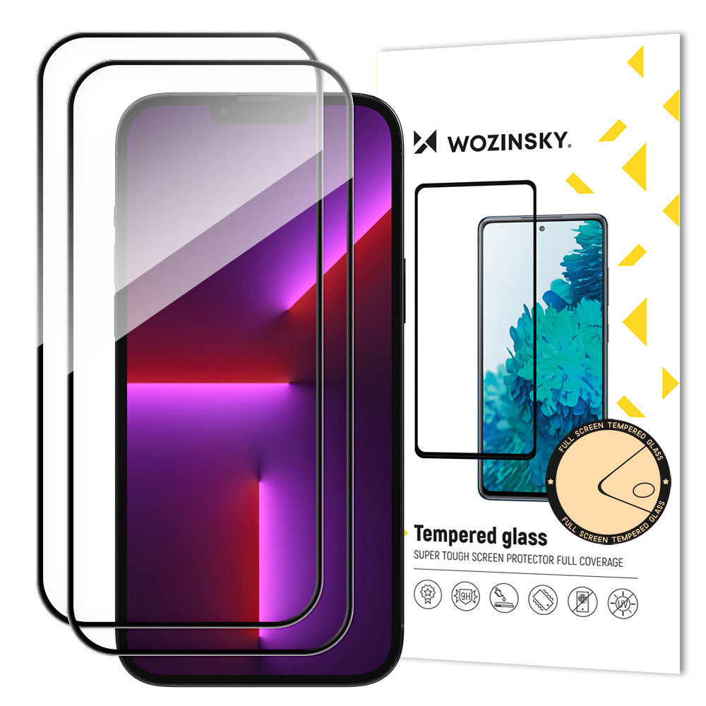 Zaštitna folija za ekran WZK za Apple iPhone 15 Pro, Kaljeno staklo, Pun ljepilo, Set od 2 komada, Kompatibilno s maskama, Crna