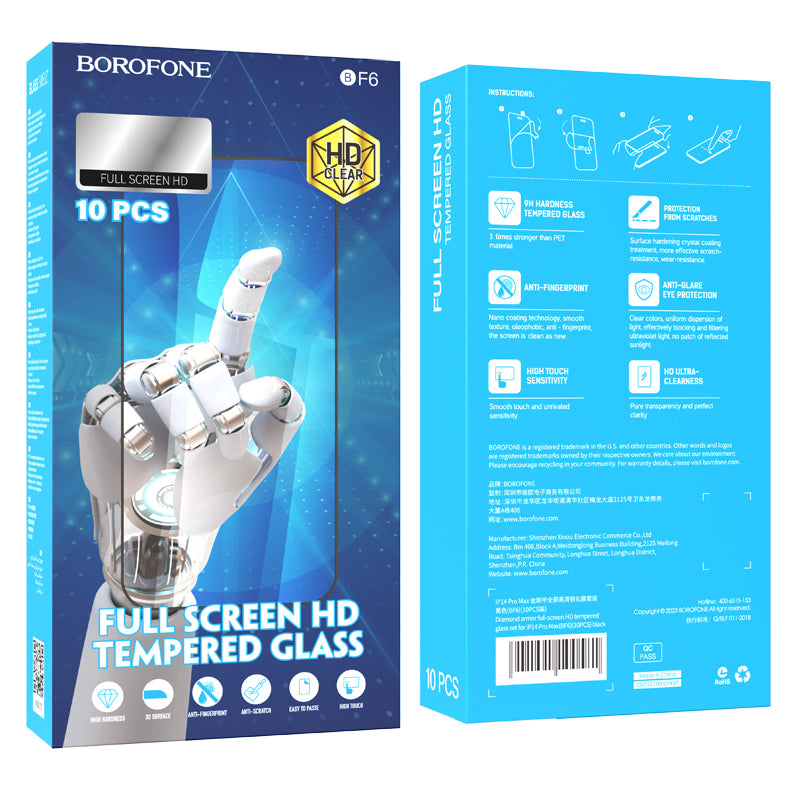 Zaštitna folija za ekran Borofone BF6 Diamond Armor za Apple iPhone 17e / 16e / 14 / 13 Pro, Kaljeno staklo, Full Glue, Set od 10 komada, Crna