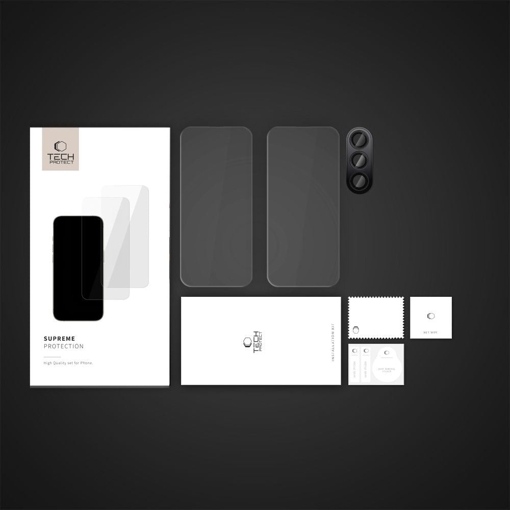 Zaštitna folija za ekran i stražnju kameru Tech-Protect Supreme za Samsung Galaxy S24 FE S721, Kaljeno staklo, Pun ljepilo, 2.5D