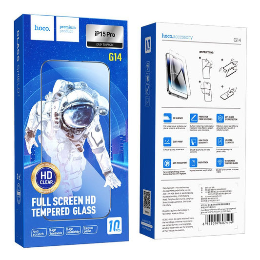 Zaštitna folija za ekran HOCO G14 za Apple iPhone 15 Pro, Kaljeno staklo, Full Glue, Set od 10 komada, 5D, Crna