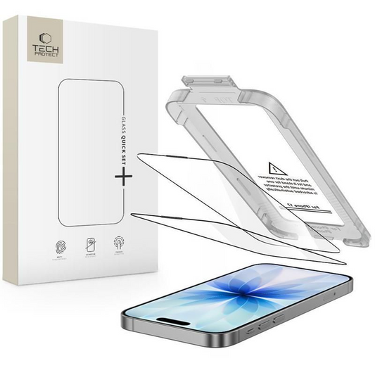 Zaštitna folija za ekran Tech-Protect Quick Set+ za Apple iPhone 17, Kaljeno staklo, Pun ljepilo, Set od 2 komada, Crna