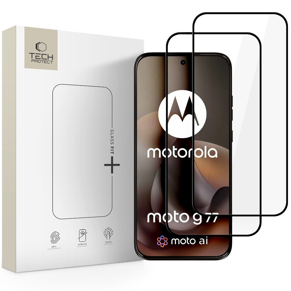 Zaštitna folija za ekran Tech-Protect FIT+ za Motorola Moto G77 / G67, Kaljeno staklo, Full Glue, Set 2 komada, 2.5D, Crna