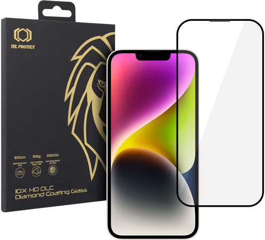 Zaštitna folija za zaslon Tel Protect 10X HD DLC Diamond Coating za Apple iPhone 17e / 16e / 14 / 13 Pro / 13, kaljeno staklo, potpuno ljepljiva, crna