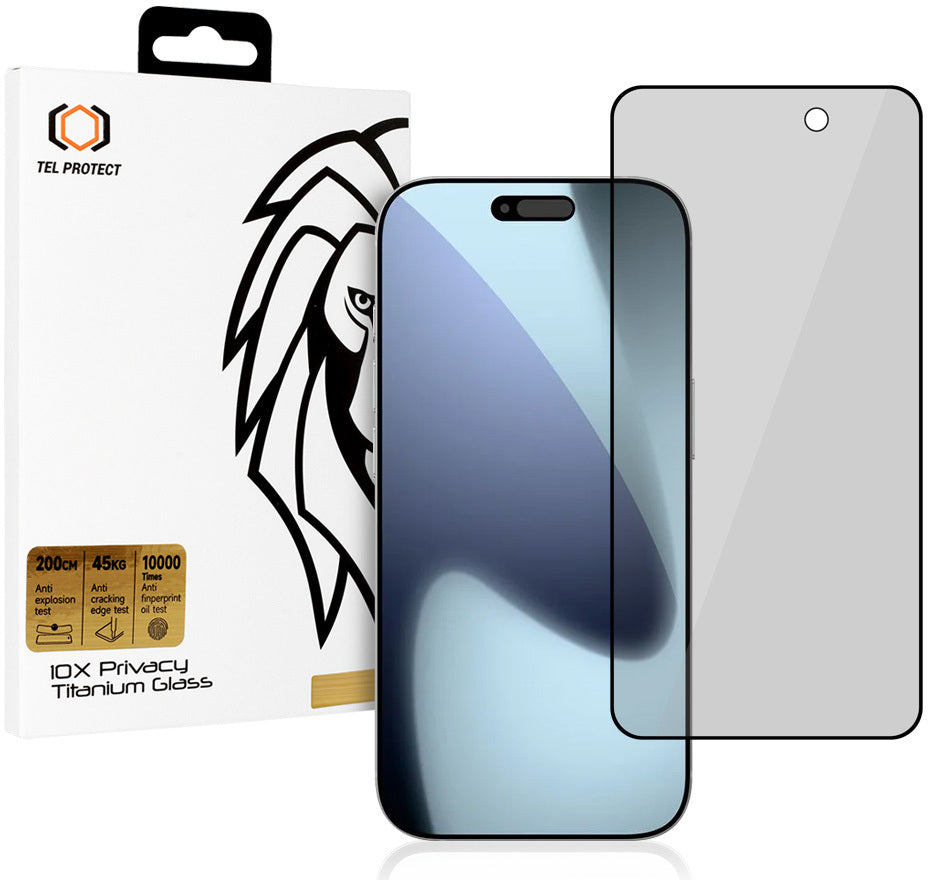 Zaštitno staklo za zaslon Privacy Tel Protect 10X Plus Titanium za Apple iPhone 17 Pro Max, kaljeno staklo, potpuno ljepljivo cijelom površinom