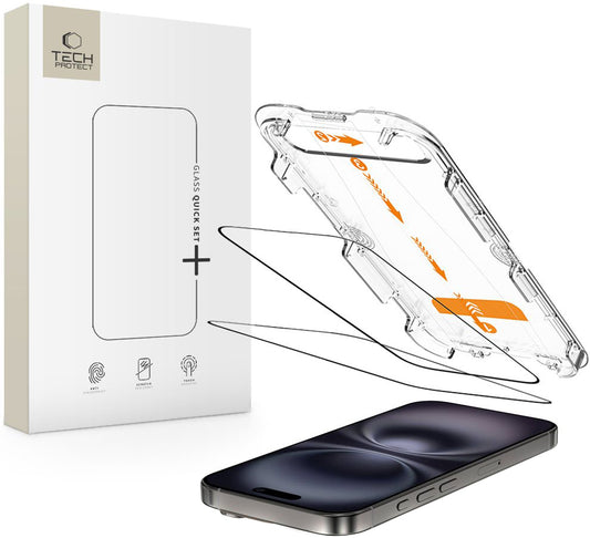 Zaštitna folija za ekran Tech-Protect Quick Set+ za Apple iPhone 16 / 15, Kaljeno staklo, Full Glue, Set od 2 komada, Crna