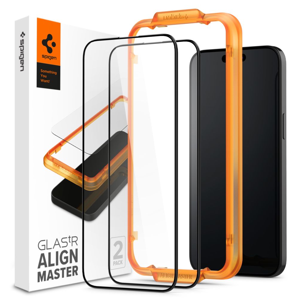 Zaštitna folija za ekran Spigen Align Master za Apple iPhone 15 Pro, Kaljeno staklo, Pun ljepilo, Set od 2 komada, 2.5D, Crna
