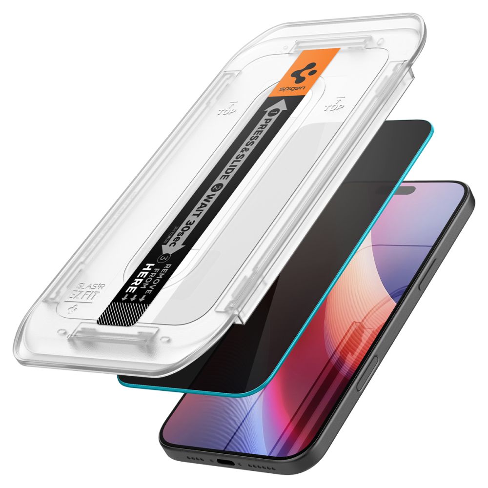 Zaštitna folija za ekran Privacy Spigen EZ FIT za Apple iPhone 16 Pro Max, Kaljeno staklo, Pun ljepilo, 2.5D AGL07908