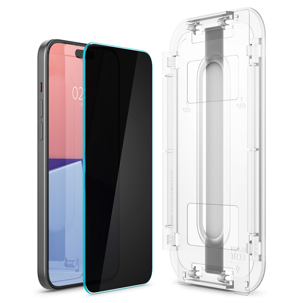 Zaštitna folija za ekran Privacy Spigen EZ FIT za Apple iPhone 15 Pro Max, Kaljeno staklo, Pun ljepilo, 2.5D AGL07118
