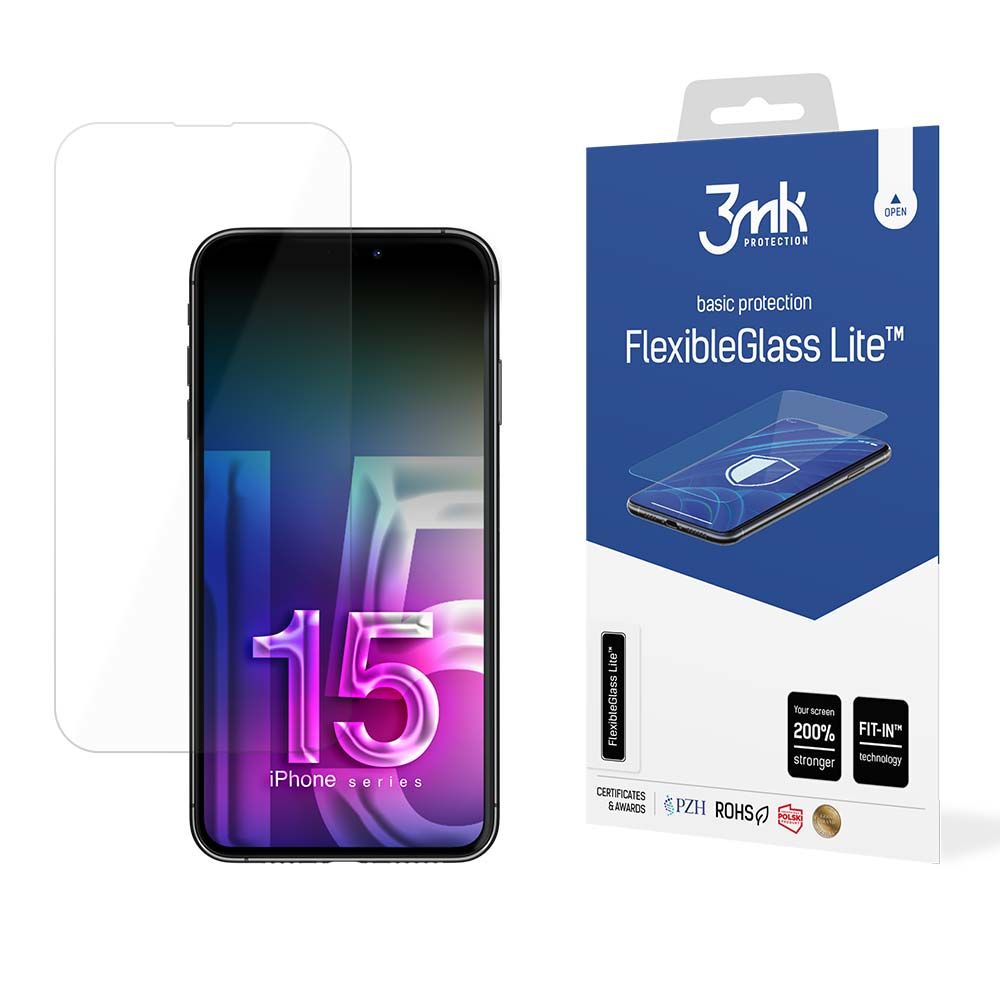 Zaštitna folija za ekran 3MK FlexibleGlass Lite za Apple iPhone 15, Fleksibilno staklo, Puno ljepilo