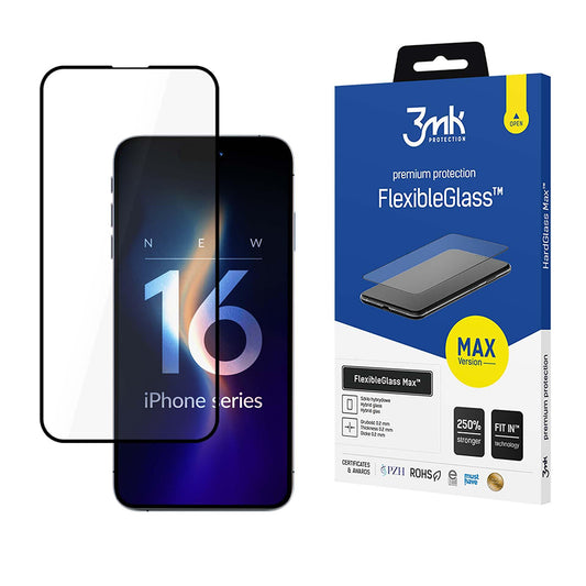 Zaštitna folija za ekran 3MK FlexibleGlass Max za Apple iPhone 16 Pro, Fleksibilno staklo, Full Glue, Crna
