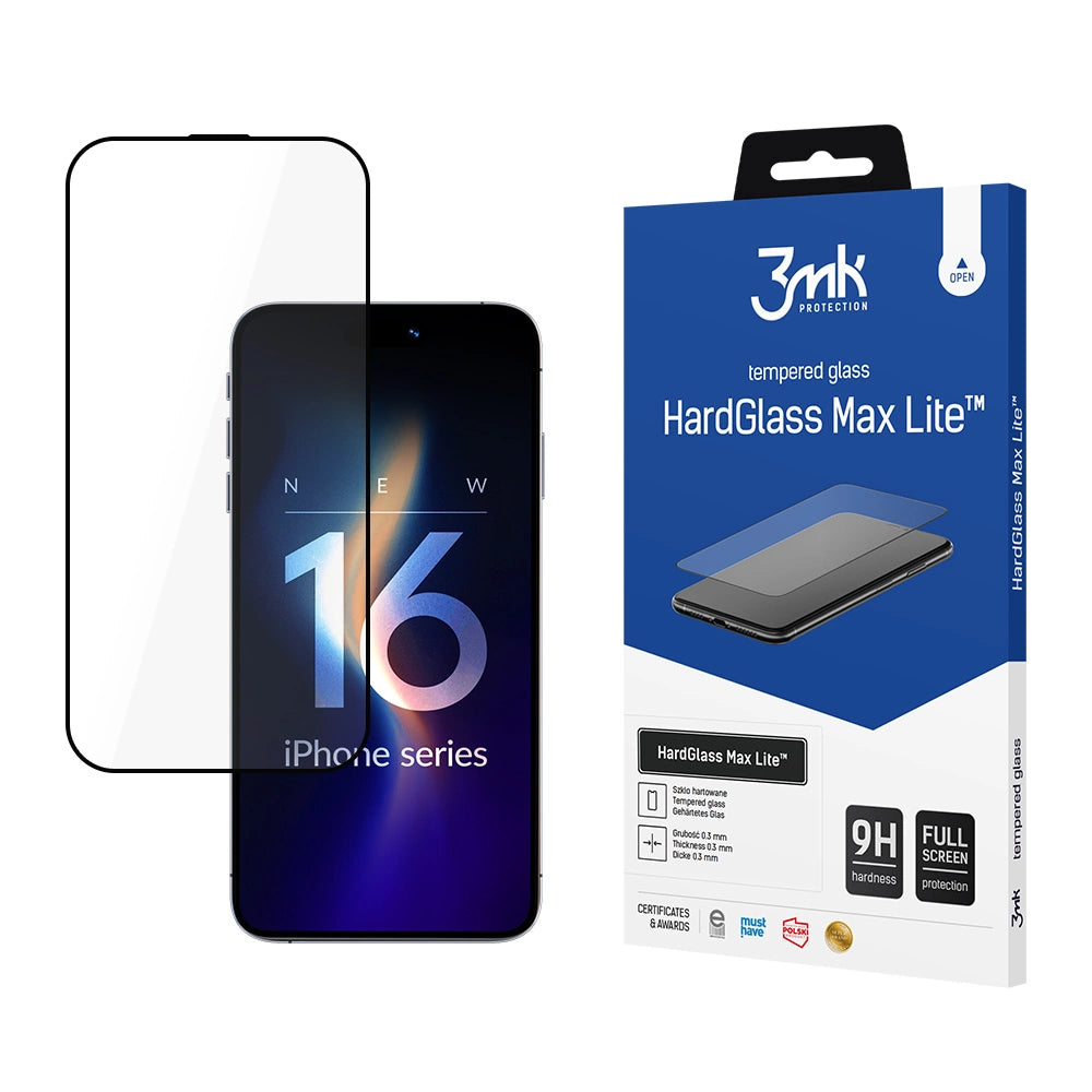 Zaštitna folija za ekran 3MK HardGlass Max Lite za Apple iPhone 17 / 16 Pro, Kaljeno staklo, Full Glue, Crna