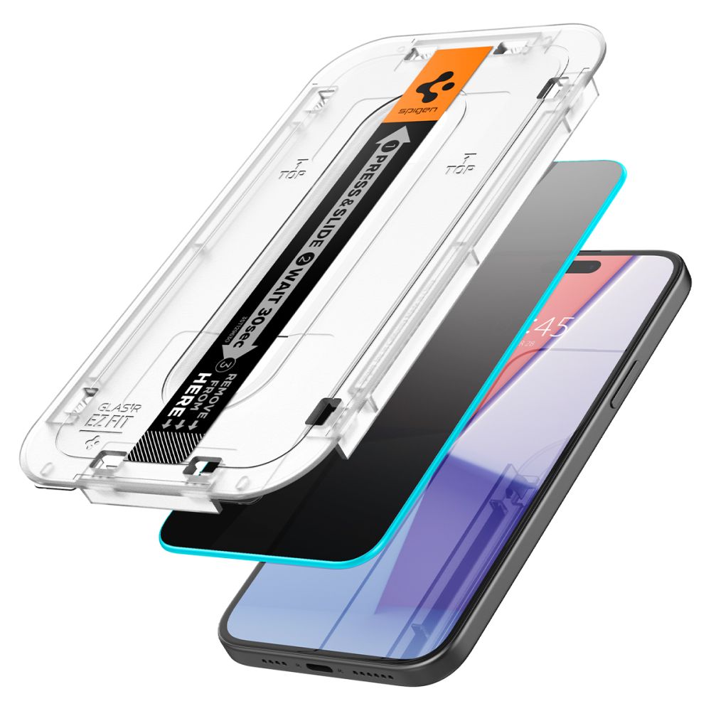 Zaštitna folija za ekran Privacy Spigen EZ FIT za Apple iPhone 15 Pro Max, Kaljeno staklo, Pun ljepilo, 2.5D AGL07118