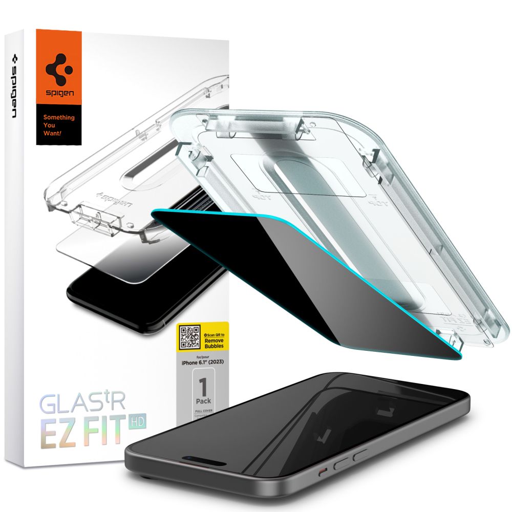 Zaštitna folija za ekran Privacy Spigen EZ FIT za Apple iPhone 16 / 15, Kaljeno staklo, Pun ljepilo, 2.5D AGL07121