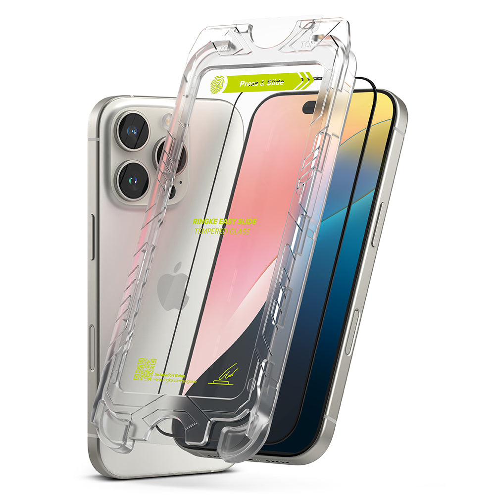 Zaštitna folija za ekran Ringke Easy Slide za Apple iPhone 16 Pro Max, Kaljeno staklo, Pun ljepilo, Set od 2 komada, Crna