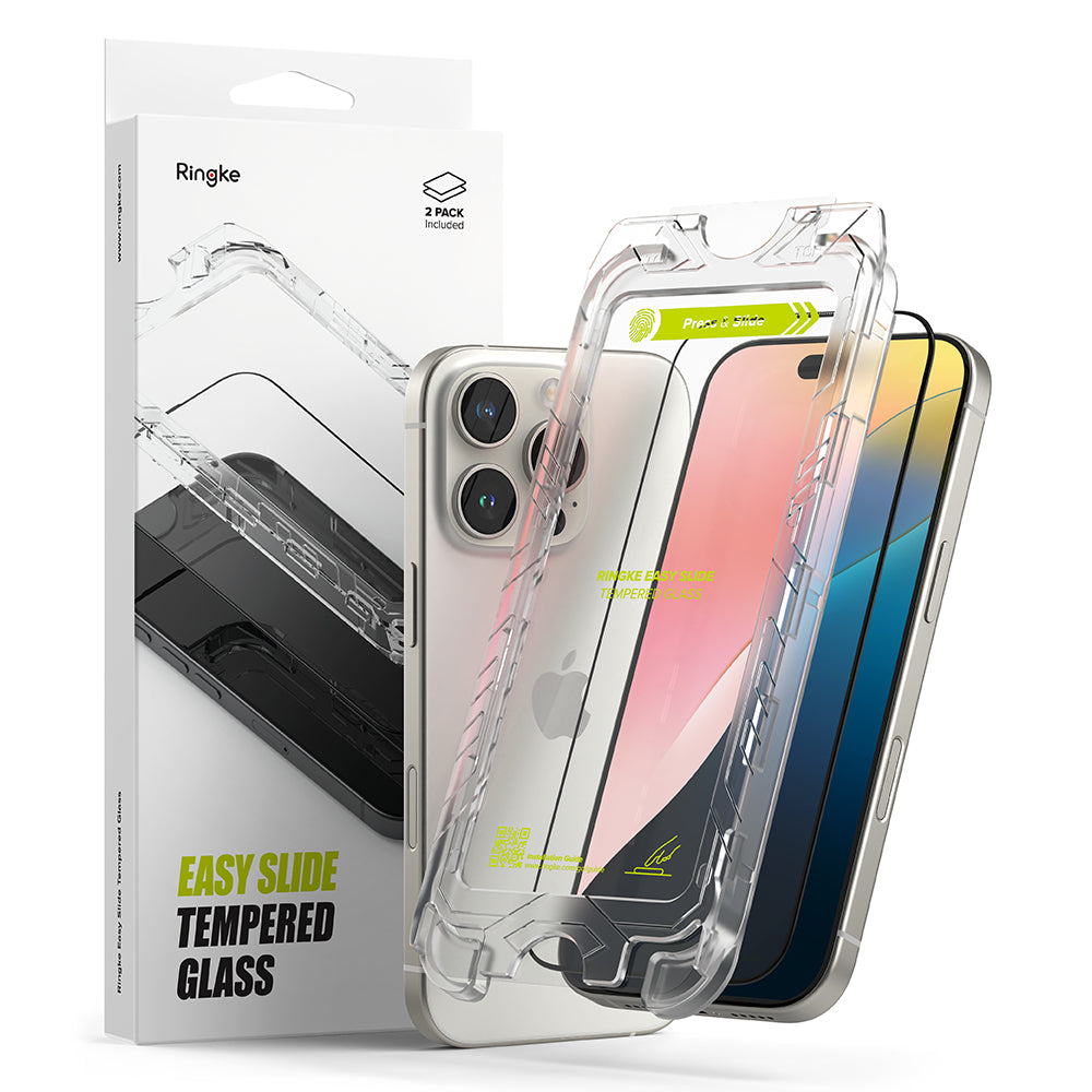 Zaštitna folija za ekran Ringke Easy Slide za Apple iPhone 16 Pro Max, Kaljeno staklo, Pun ljepilo, Set od 2 komada, Crna