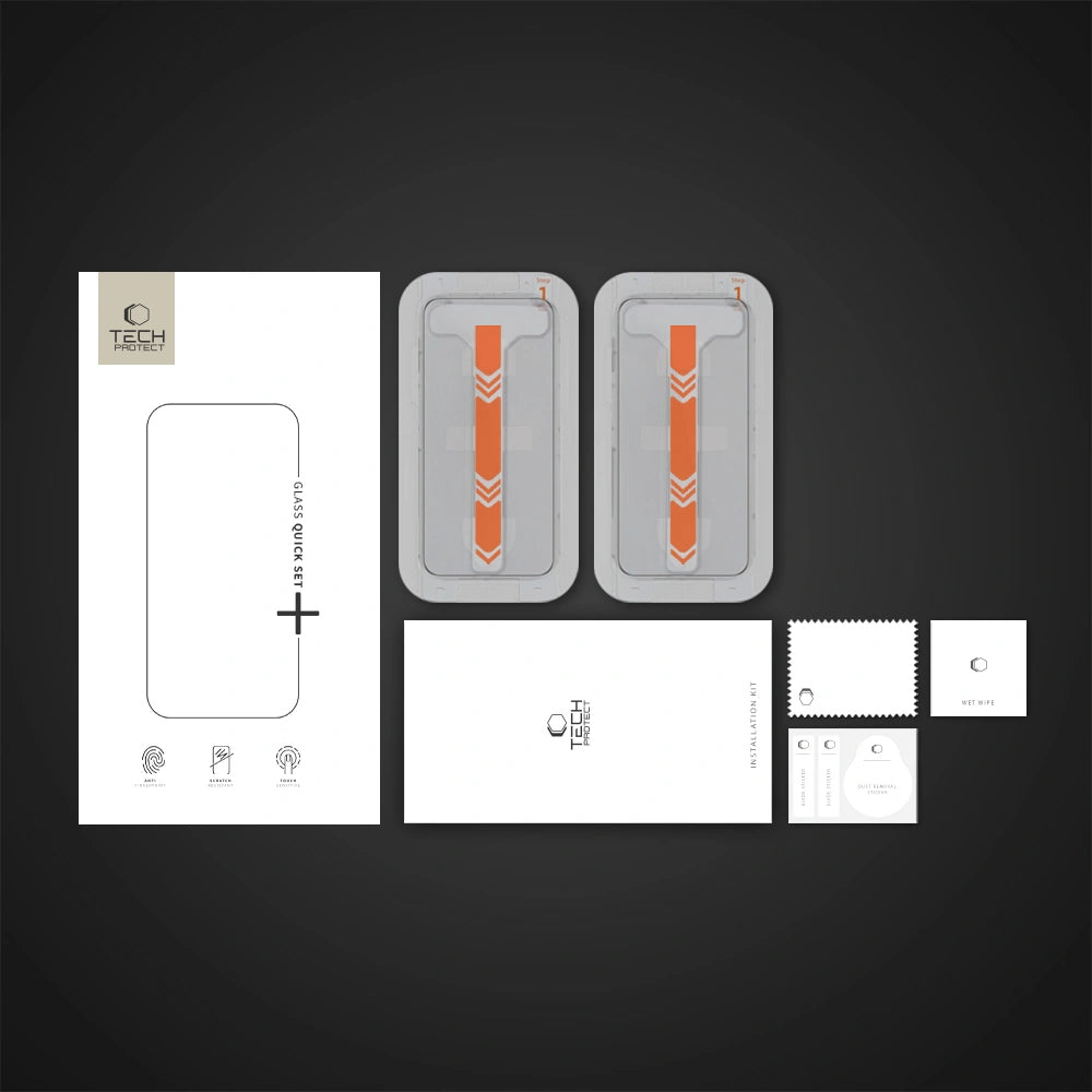 Zaštitna folija za ekran Tech-Protect Quick Set+ za Apple iPhone 16 Pro, Kaljeno staklo, Full Glue, Set od 2 komada, Crna