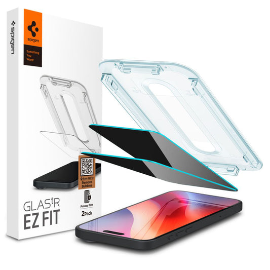 Zaštitna folija za ekran Privacy Spigen GlastR EZ FIT za Apple iPhone 16 / 15, Kaljeno staklo, Full Glue, Set 2 komada AGL06905