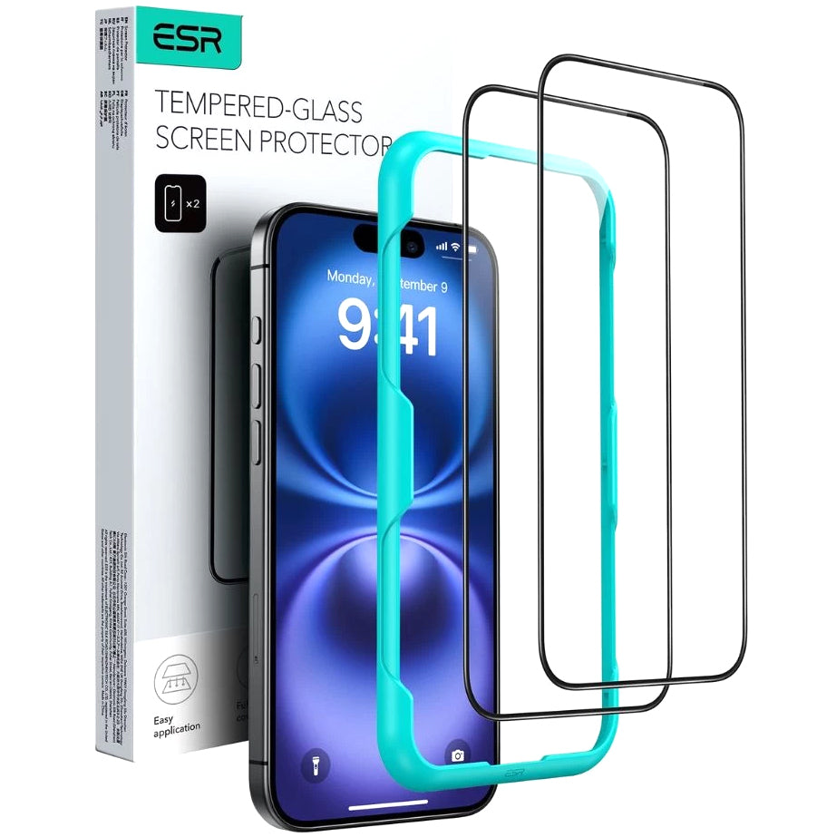 Zaštitna folija za ekran ESR za Apple iPhone 16 Pro Max, Kaljeno staklo, Pun ljepilo, Set od 2 komada, Crna