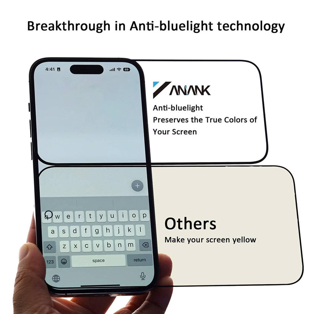 Zaštitna folija za ekran Anti Blue Light Anank za Apple iPhone 17e / 16e / 14 / 13 Pro, Kaljeno staklo, Full Glue, 2.5D, Crna