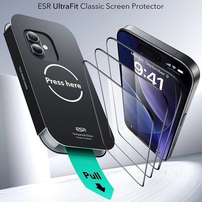 Zaštitna folija za ekran ESR UltraFit za Apple iPhone 17 / 16 Pro, Kaljeno staklo, Full Glue, Set od 3 komada