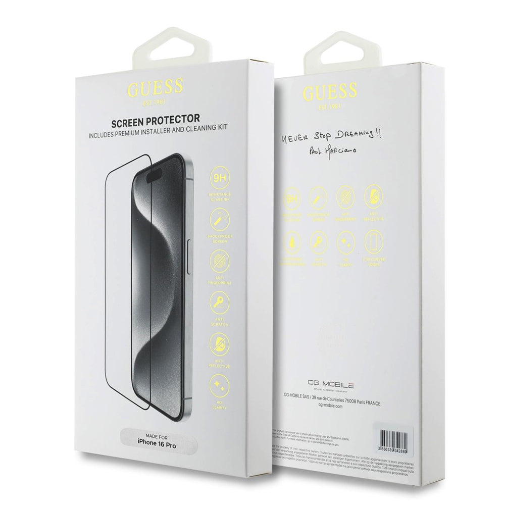 Zaštitna folija za ekran Guess Classic Outline za Apple iPhone 16 Pro, Kaljeno staklo, Full Glue, 2.5D, Crna GUTGP16LBOKGCIT