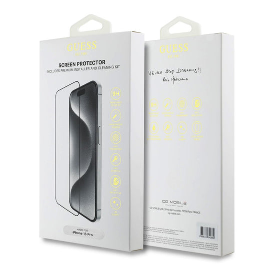 Zaštitna folija za ekran Guess Classic Outline za Apple iPhone 16, Kaljeno staklo, Full Glue, 2.5D, Crna GUTGP16SBOKGCIT