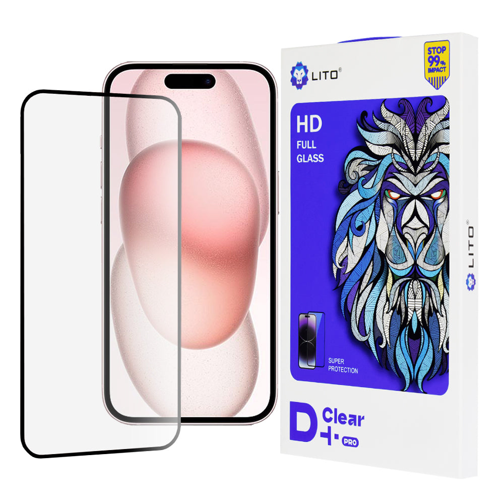 Zaštitna folija za ekran Lito D+ Pro za Apple iPhone 15, Kaljeno staklo, Puna ljepila, Crna