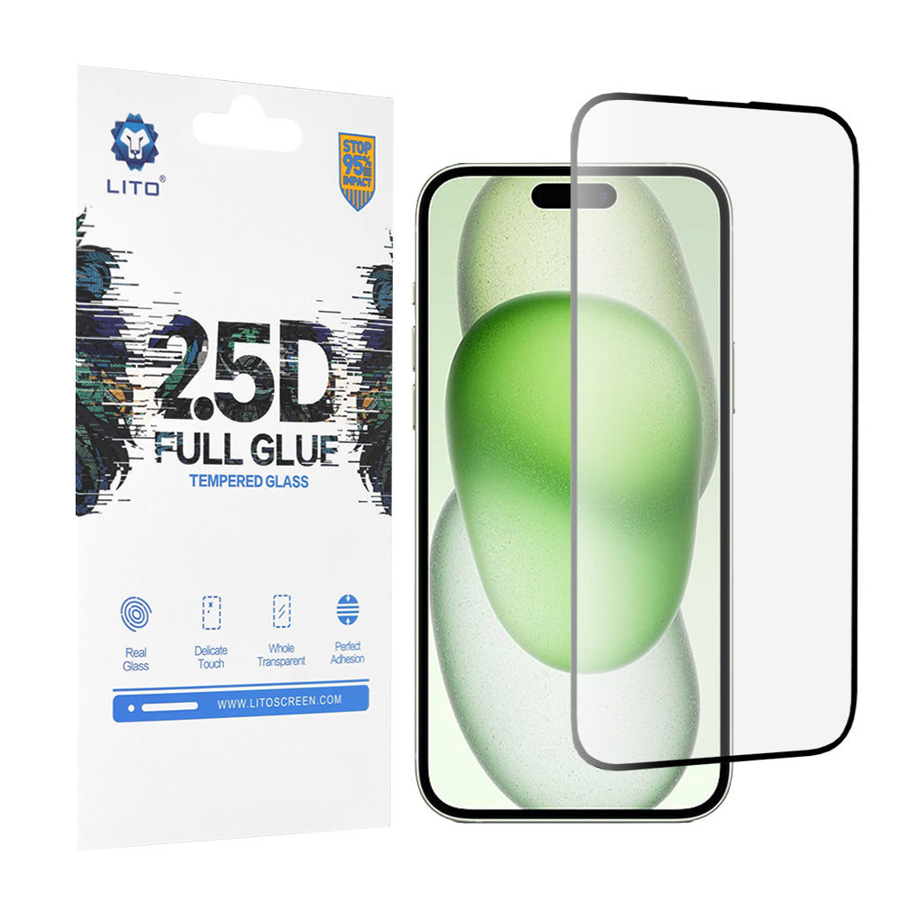 Zaštitna folija za ekran Lito za Apple iPhone 15 Plus, Kaljeno staklo, Full Glue, 2.5D, Crna